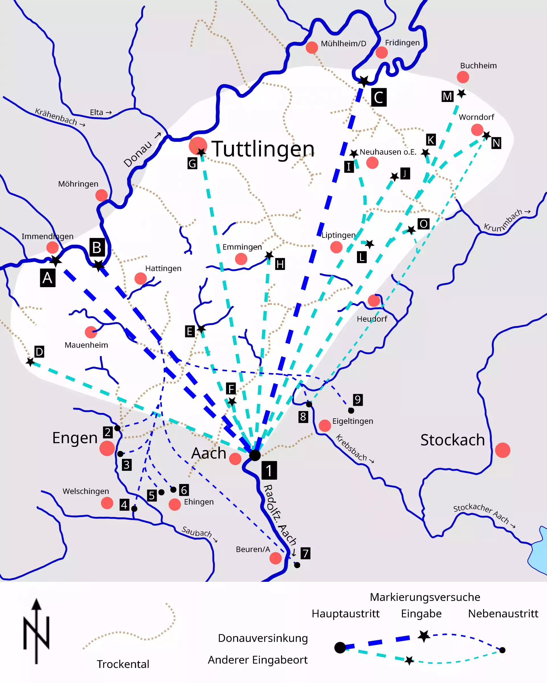 Karte der Markierungsversuche im Donau-Aach-System